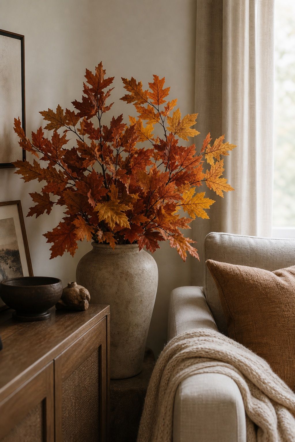 Bring in Real or Faux Autumn Foliage small apartment idea for Top 18 Rustic Autumn Decor Ideas for Living Rooms in Small Apartments.