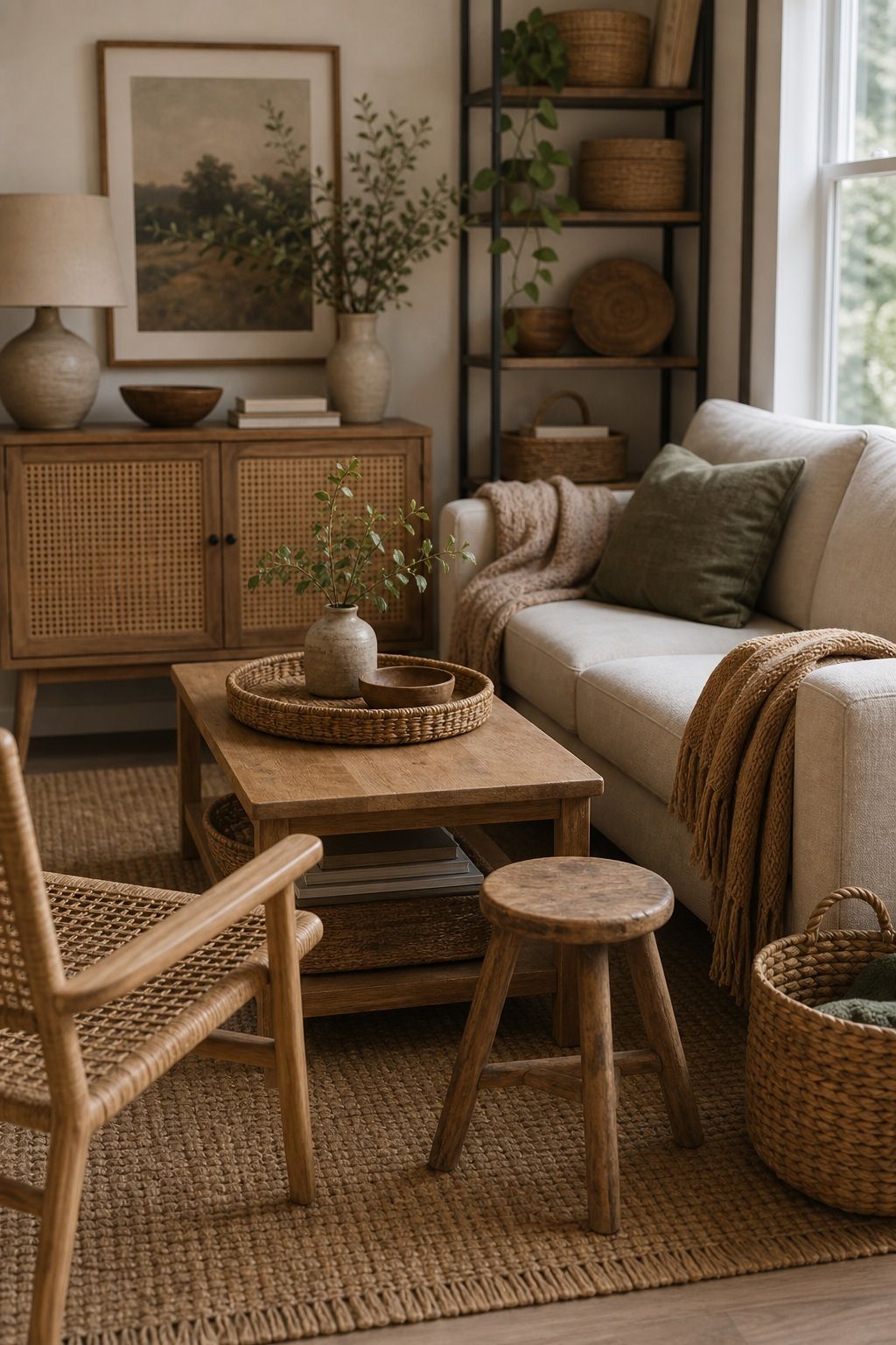 Add Natural Wood and Woven Elements small apartment idea for Top 18 Rustic Autumn Decor Ideas for Living Rooms in Small Apartments.