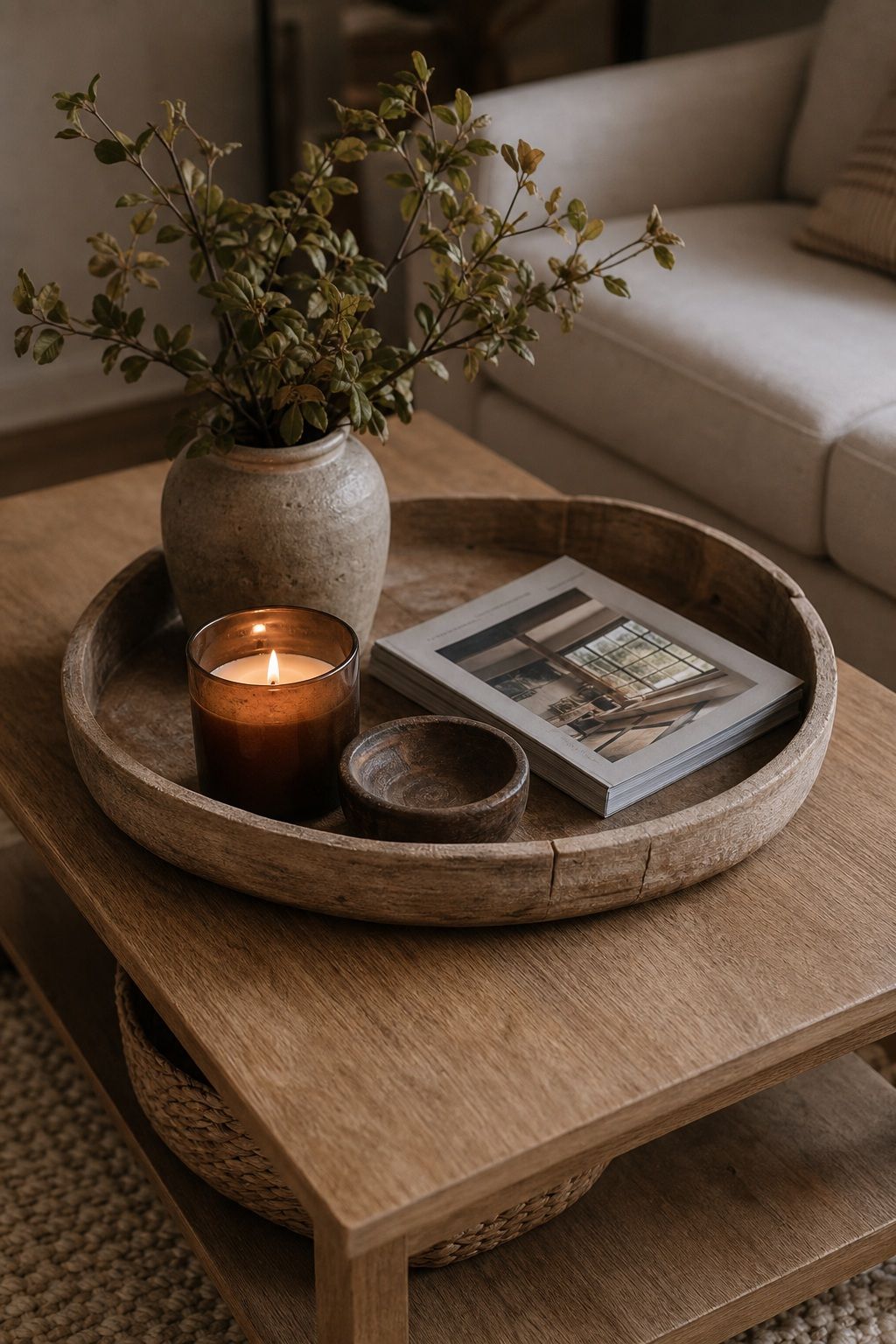 Style the Coffee Table With a Rustic Tray small apartment idea for Top 18 Rustic Autumn Decor Ideas for Living Rooms in Small Apartments.