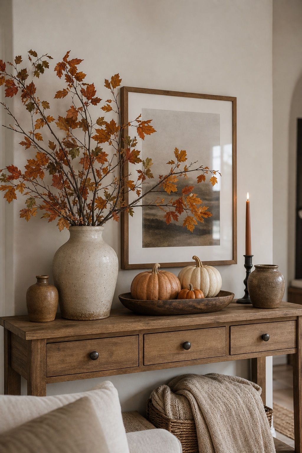 Build an Autumn Vignette on the Console or Mantel small apartment idea for Top 18 Rustic Autumn Decor Ideas for Living Rooms in Small Apartments.