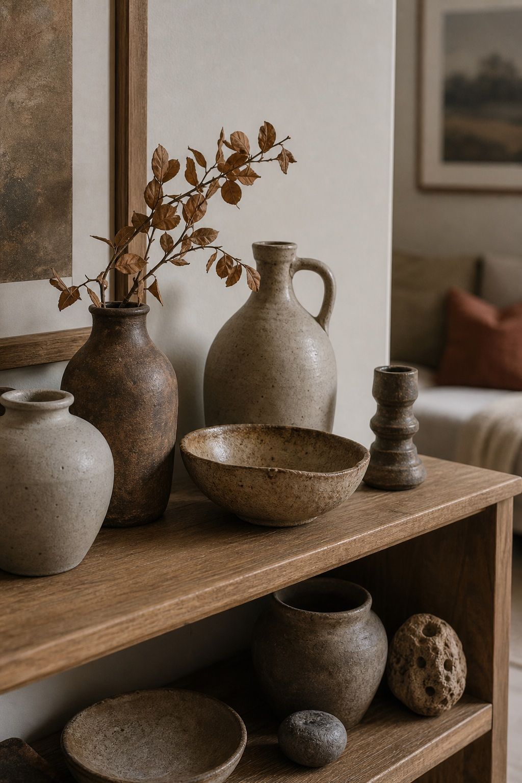 Add Rustic Textural Objects and Pottery small apartment idea for Top 18 Rustic Autumn Decor Ideas for Living Rooms in Small Apartments.