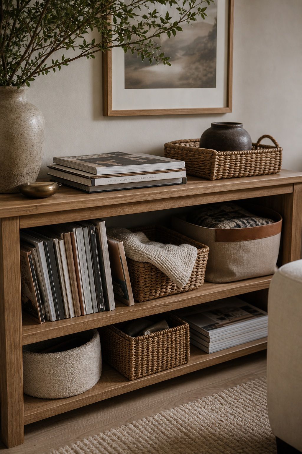 Layer in Books, Baskets, and Soft Storage small apartment idea for Top 18 Rustic Autumn Decor Ideas for Living Rooms in Small Apartments.