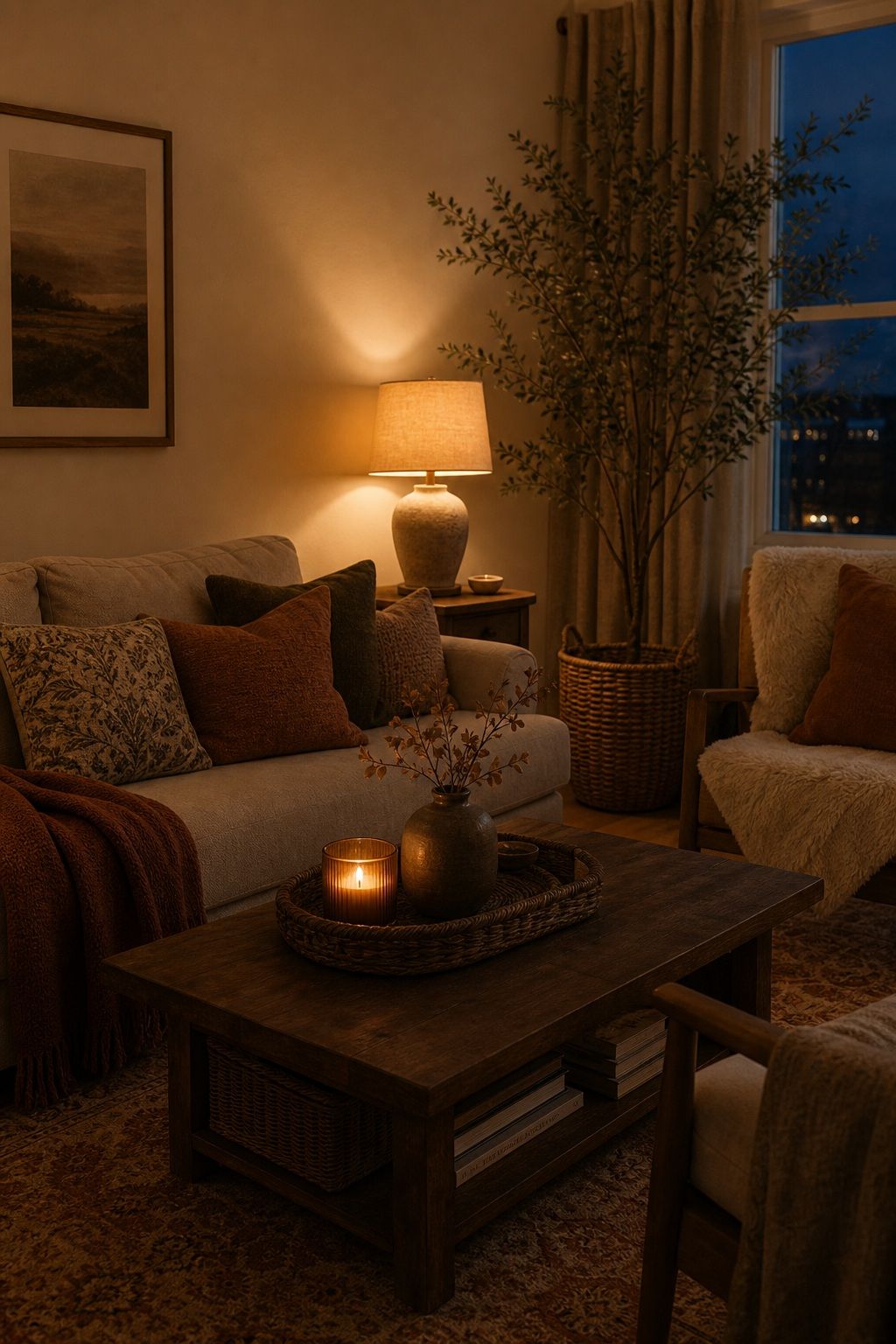 Switch to Warm, Low Lighting small apartment idea for Top 18 Rustic Autumn Decor Ideas for Living Rooms in Small Apartments.