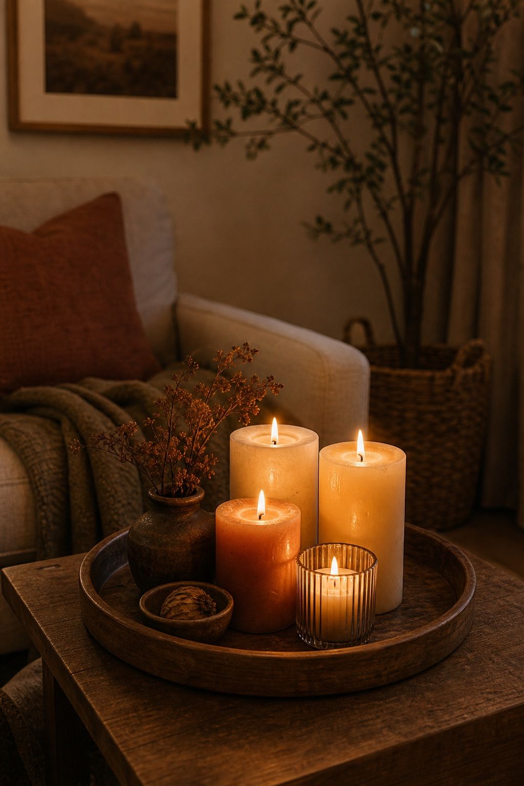 Cluster Candles for Flickering Warmth small apartment idea for Top 18 Rustic Autumn Decor Ideas for Living Rooms in Small Apartments.