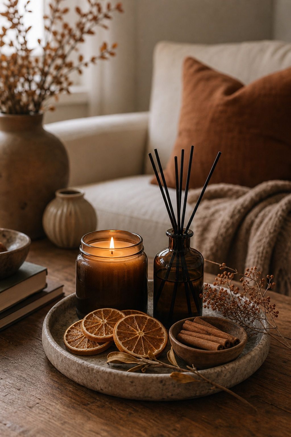 Bring in a Warm Seasonal Scent small apartment idea for Top 18 Rustic Autumn Decor Ideas for Living Rooms in Small Apartments.