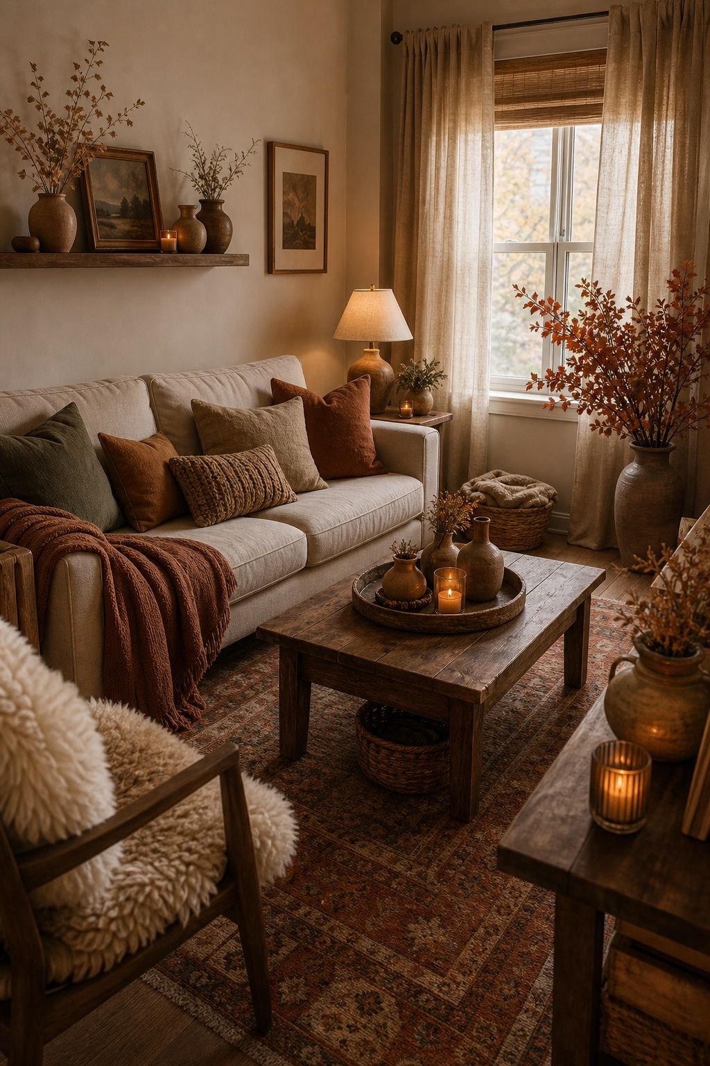 Keep the Whole Room Warm-Toned and Rustic small apartment idea for Top 18 Rustic Autumn Decor Ideas for Living Rooms in Small Apartments.