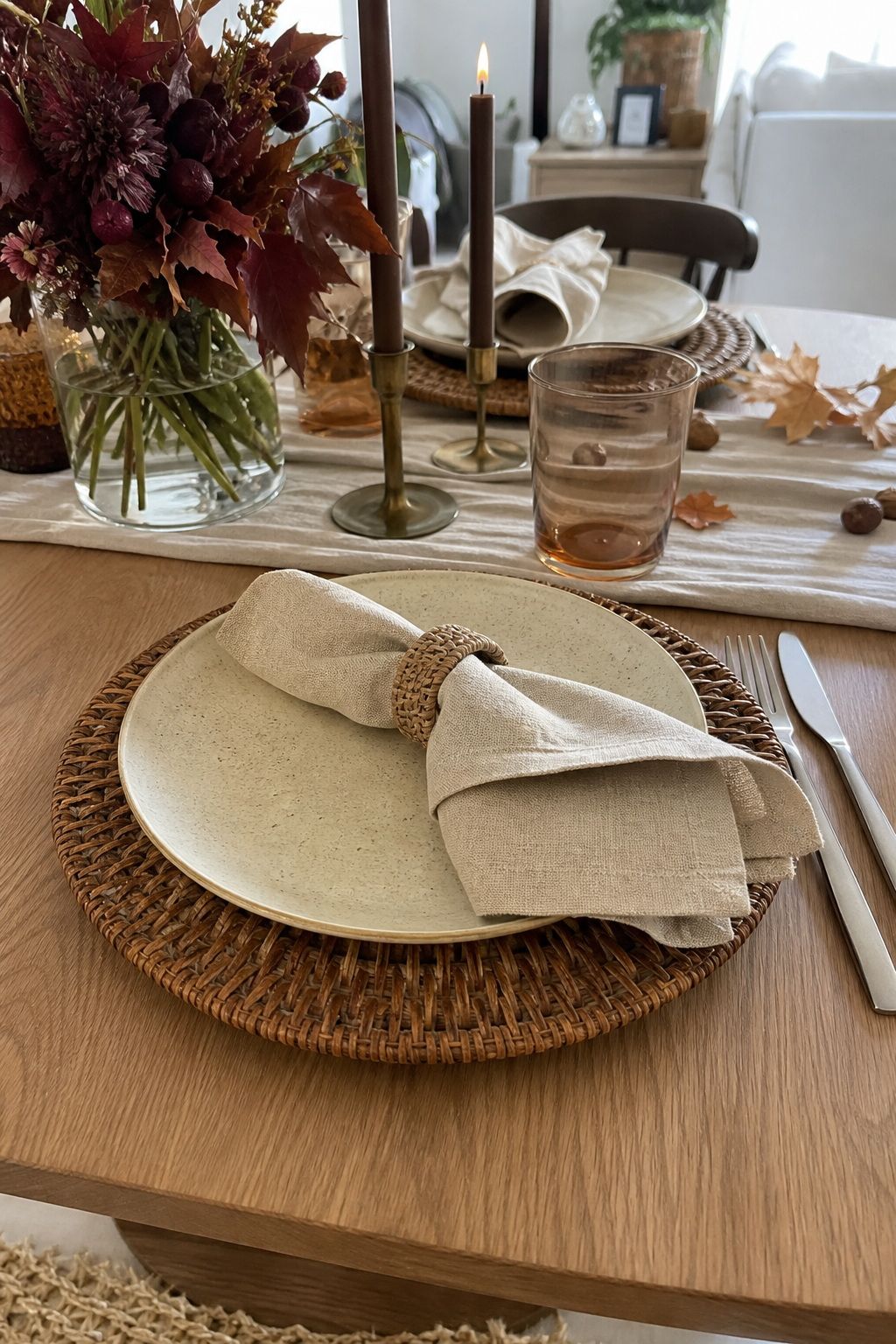 Start With a Wooden or Rattan Charger small apartment idea for Top 18 Autumn Dinner Party Table Settings Ideas for Small-Space Hosting.