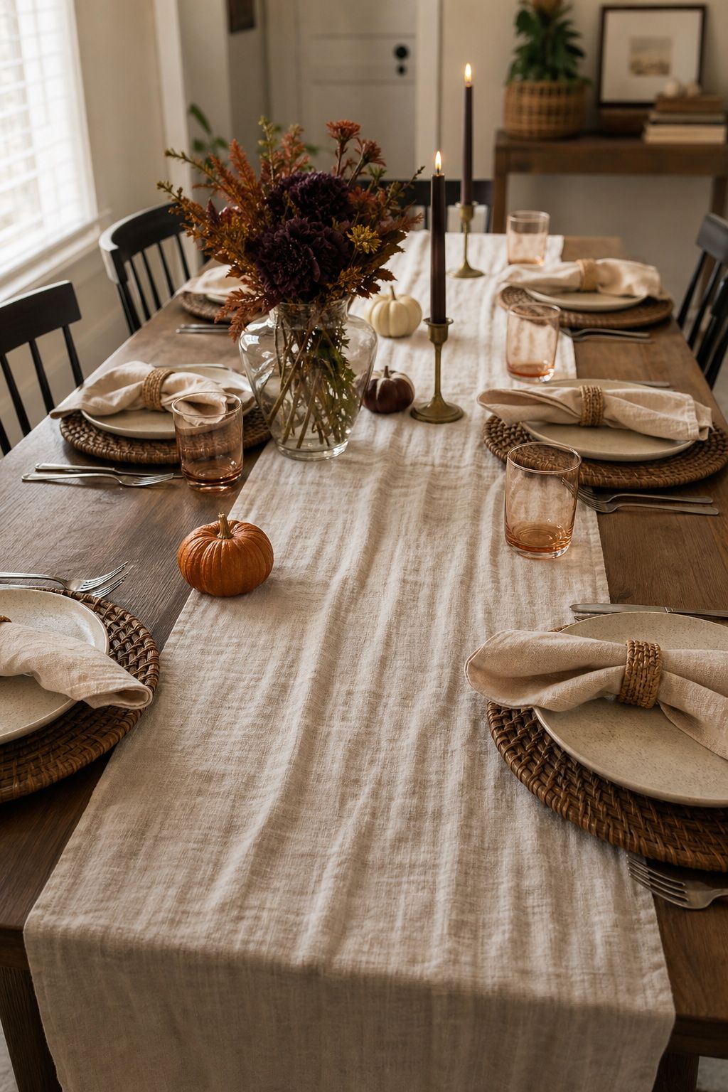 Layer a Linen Runner Down the Center small apartment idea for Top 18 Autumn Dinner Party Table Settings Ideas for Small-Space Hosting.