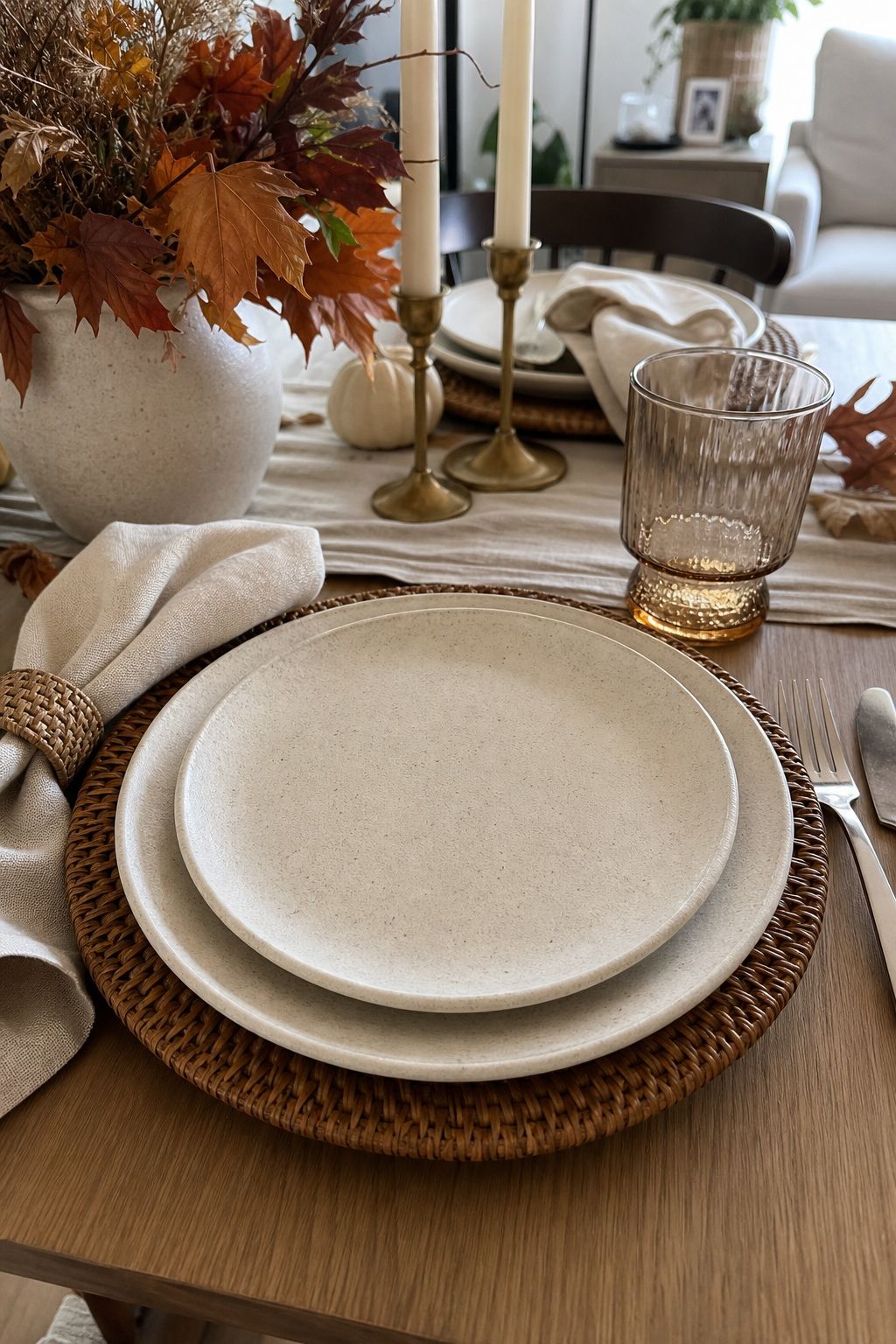 Choose a Neutral Plate Color small apartment idea for Top 18 Autumn Dinner Party Table Settings Ideas for Small-Space Hosting.