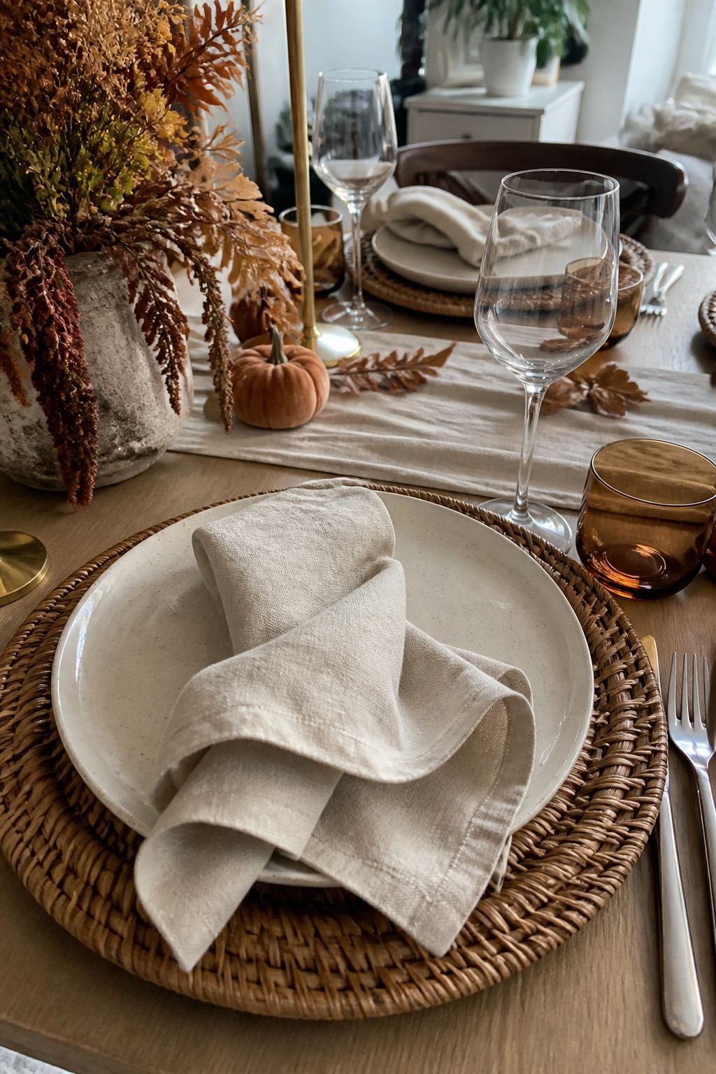 Add Linen Napkins With Loose Folds small apartment idea for Top 18 Autumn Dinner Party Table Settings Ideas for Small-Space Hosting.