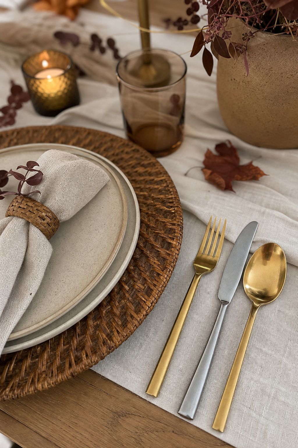 Set Out Mixed-Metal Flatware small apartment idea for Top 18 Autumn Dinner Party Table Settings Ideas for Small-Space Hosting.