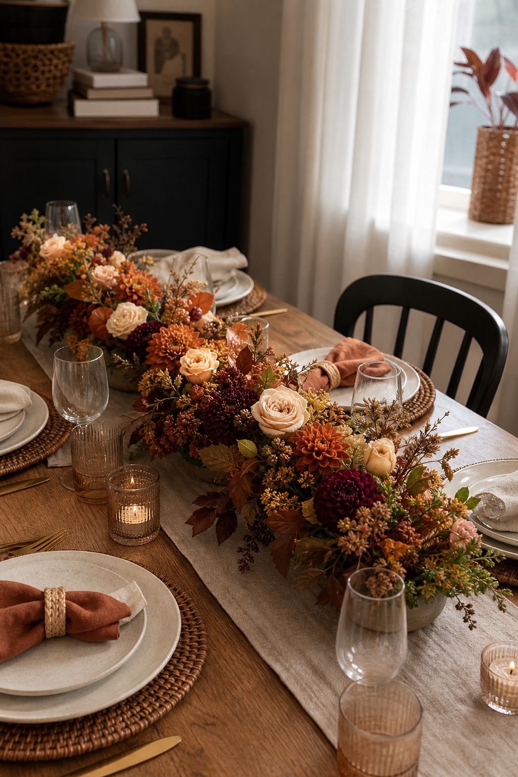Create a Long Low Floral Centerpiece small apartment idea for Top 18 Autumn Dinner Party Table Settings Ideas for Small-Space Hosting.