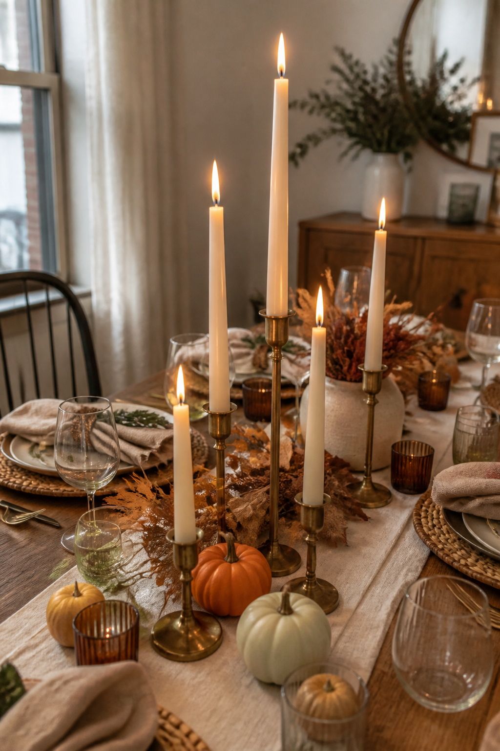 Add Taper Candles in Graduated Heights small apartment idea for Top 18 Autumn Dinner Party Table Settings Ideas for Small-Space Hosting.