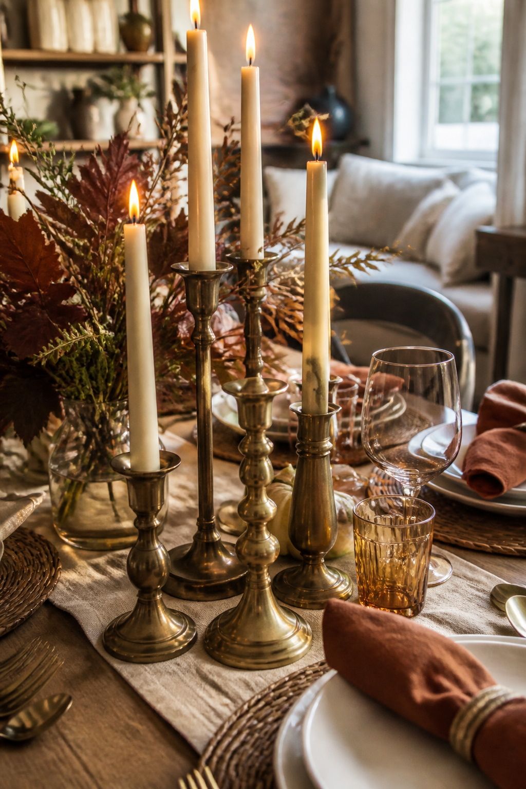 Cluster Brass Candle Holders for Visual Weight small apartment idea for Top 18 Autumn Dinner Party Table Settings Ideas for Small-Space Hosting.