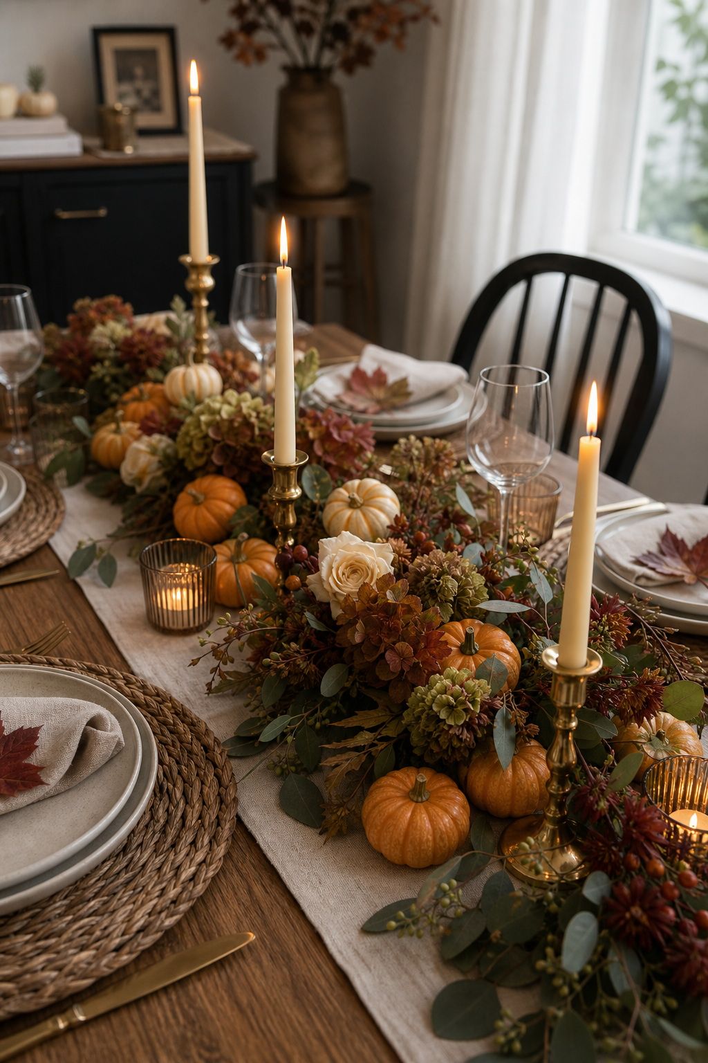 Tuck Mini Pumpkins Throughout the Centerpiece small apartment idea for Top 18 Autumn Dinner Party Table Settings Ideas for Small-Space Hosting.
