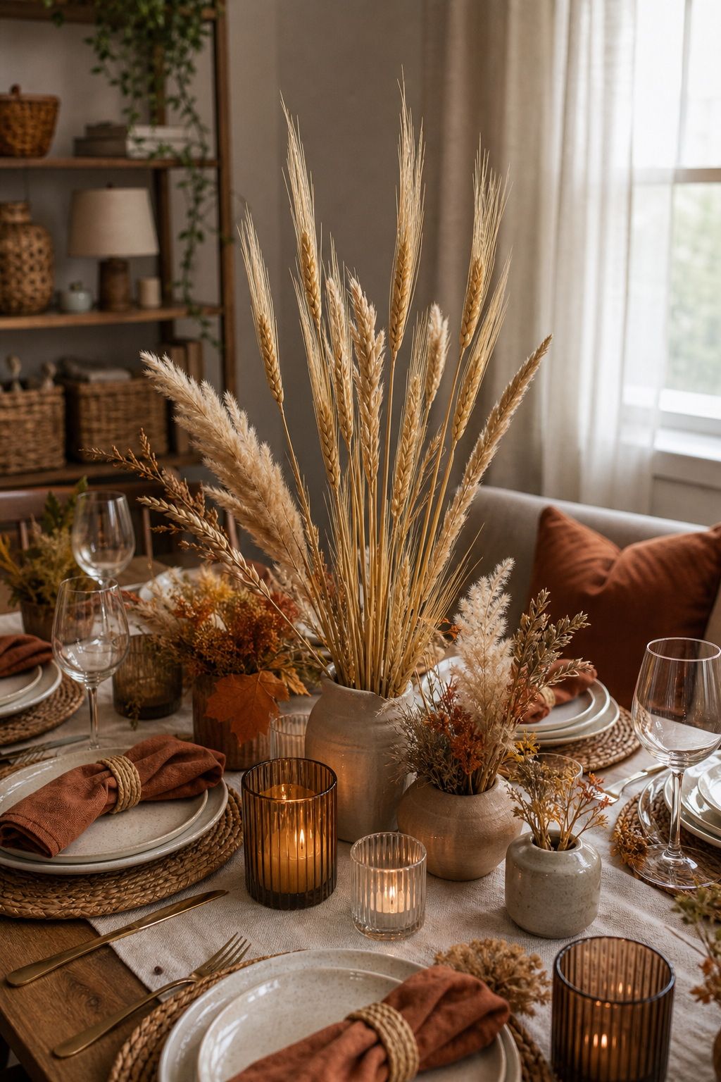 Add Dried Wheat or Pampas for Vertical Lines small apartment idea for Top 18 Autumn Dinner Party Table Settings Ideas for Small-Space Hosting.