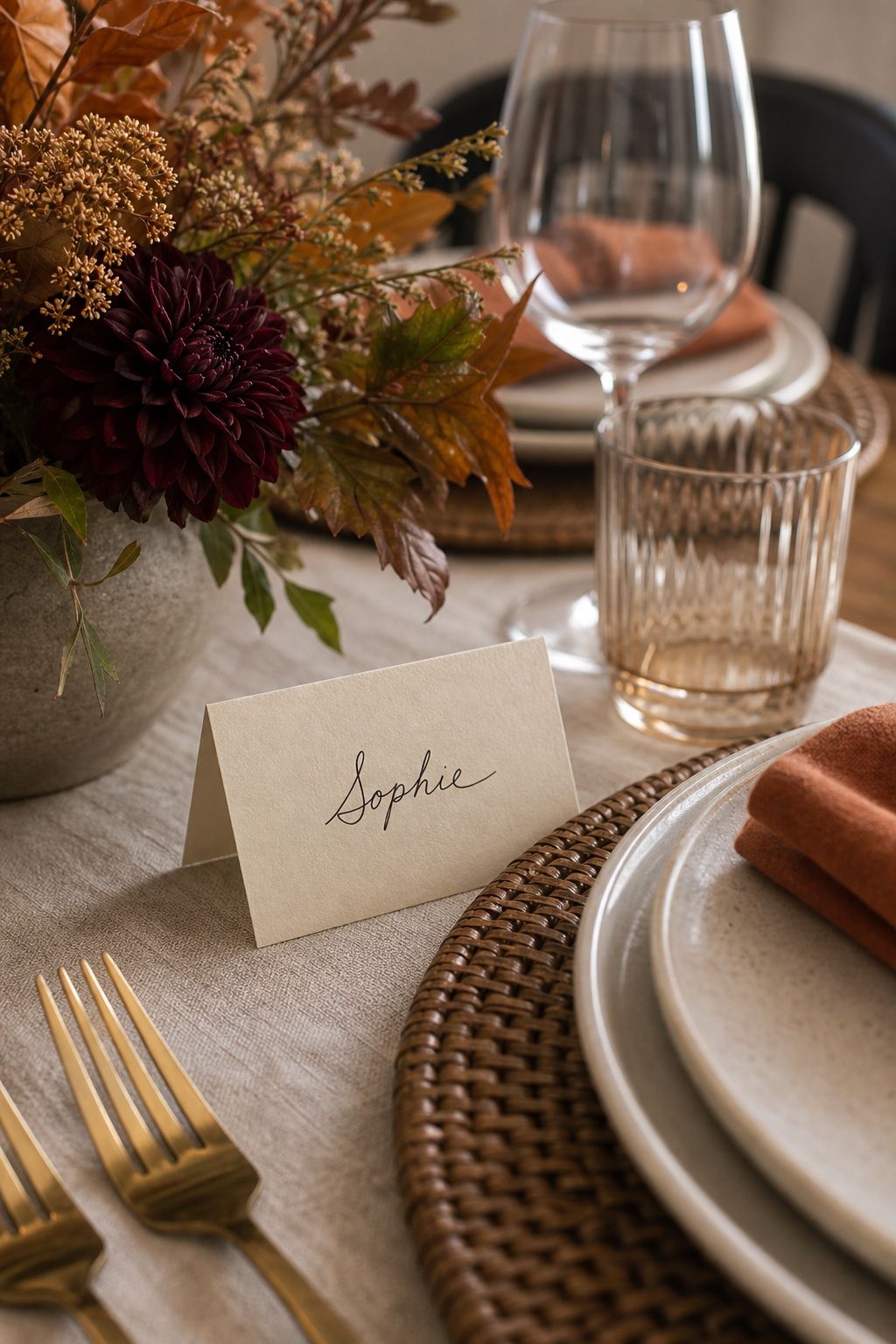 Hand-Write Place Cards on Cream Cardstock small apartment idea for Top 18 Autumn Dinner Party Table Settings Ideas for Small-Space Hosting.