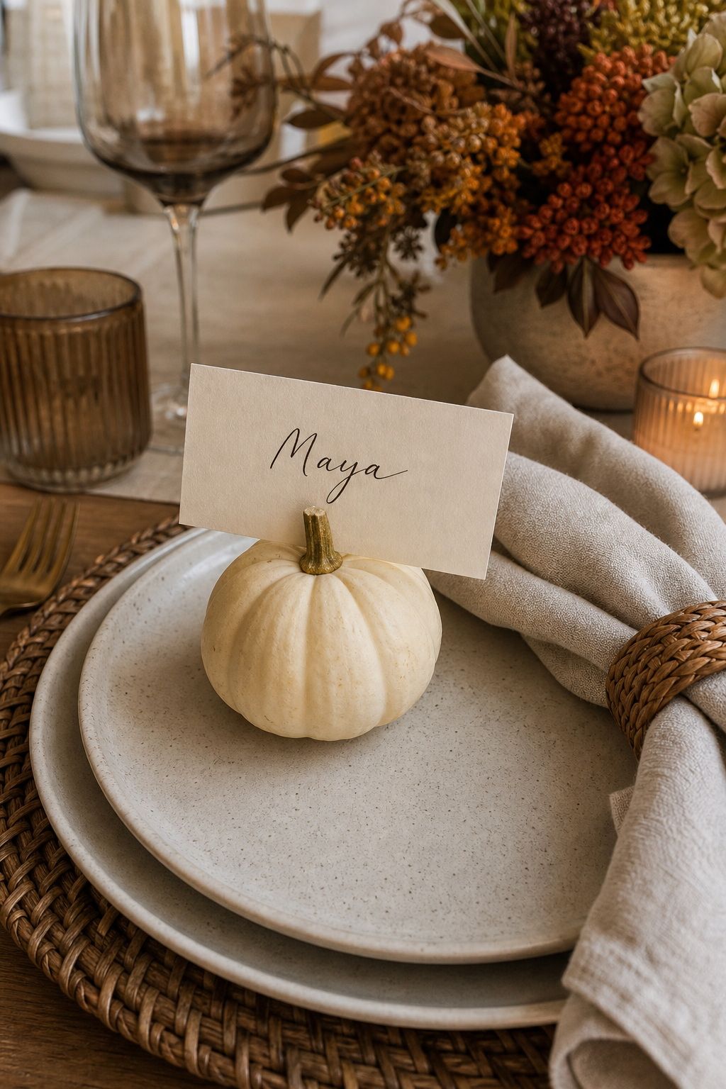 Use a Mini Pumpkin as a Place Card Holder small apartment idea for Top 18 Autumn Dinner Party Table Settings Ideas for Small-Space Hosting.