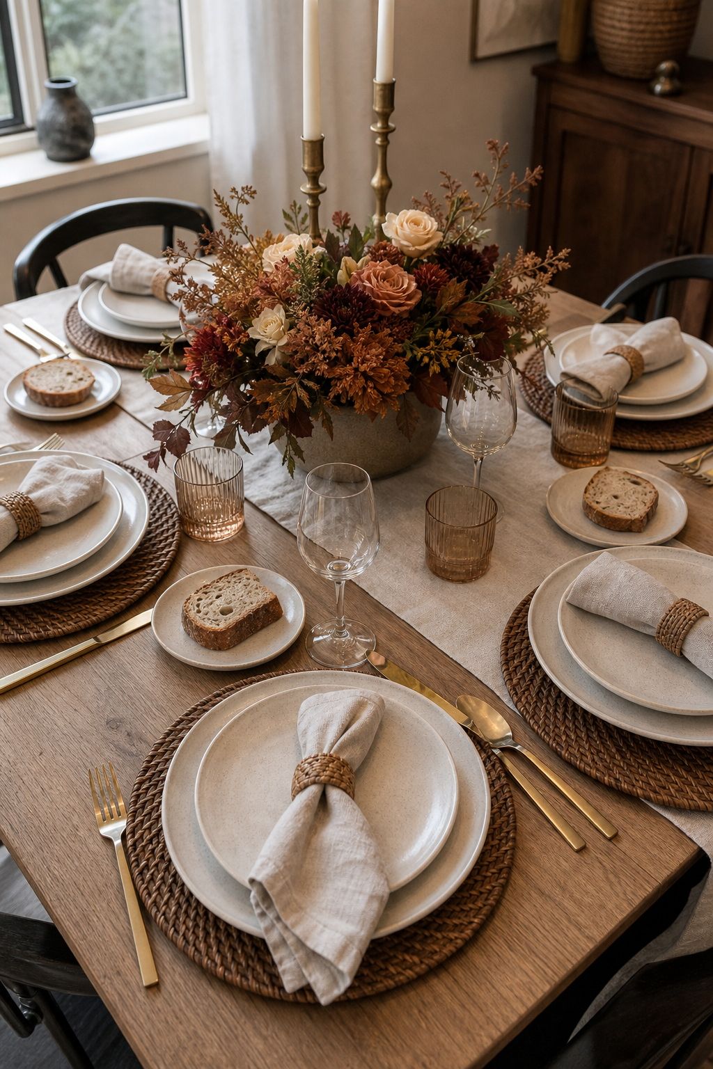 Add a Small Bread Plate to Each Setting small apartment idea for Top 18 Autumn Dinner Party Table Settings Ideas for Small-Space Hosting.