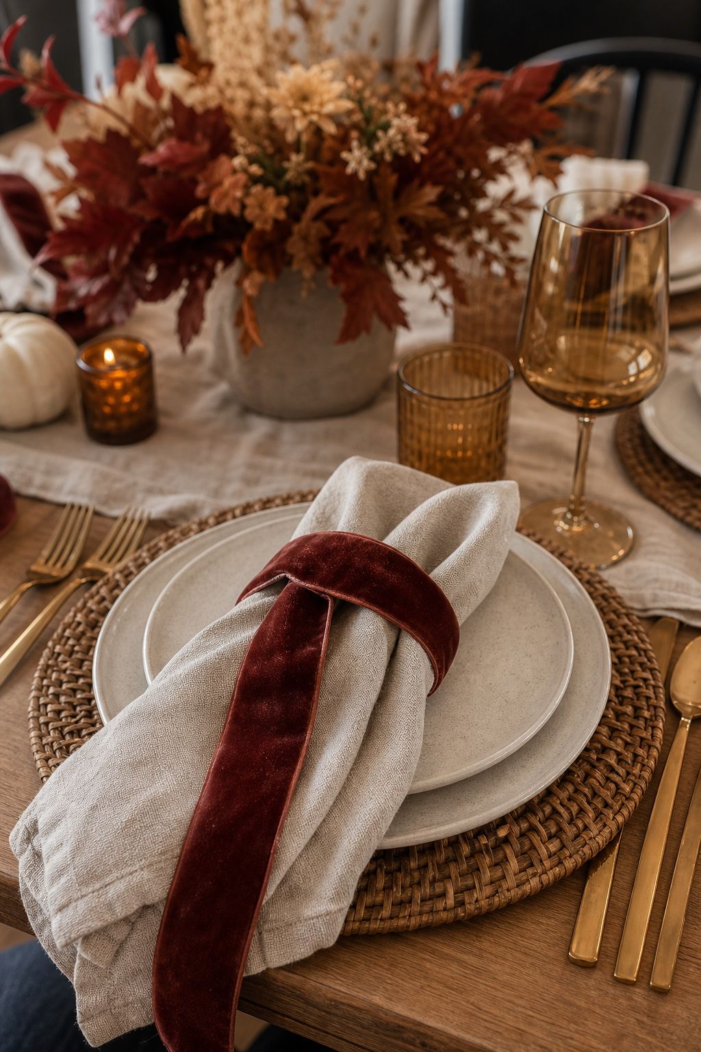 Drape a Velvet Ribbon Across Each Napkin small apartment idea for Top 18 Autumn Dinner Party Table Settings Ideas for Small-Space Hosting.