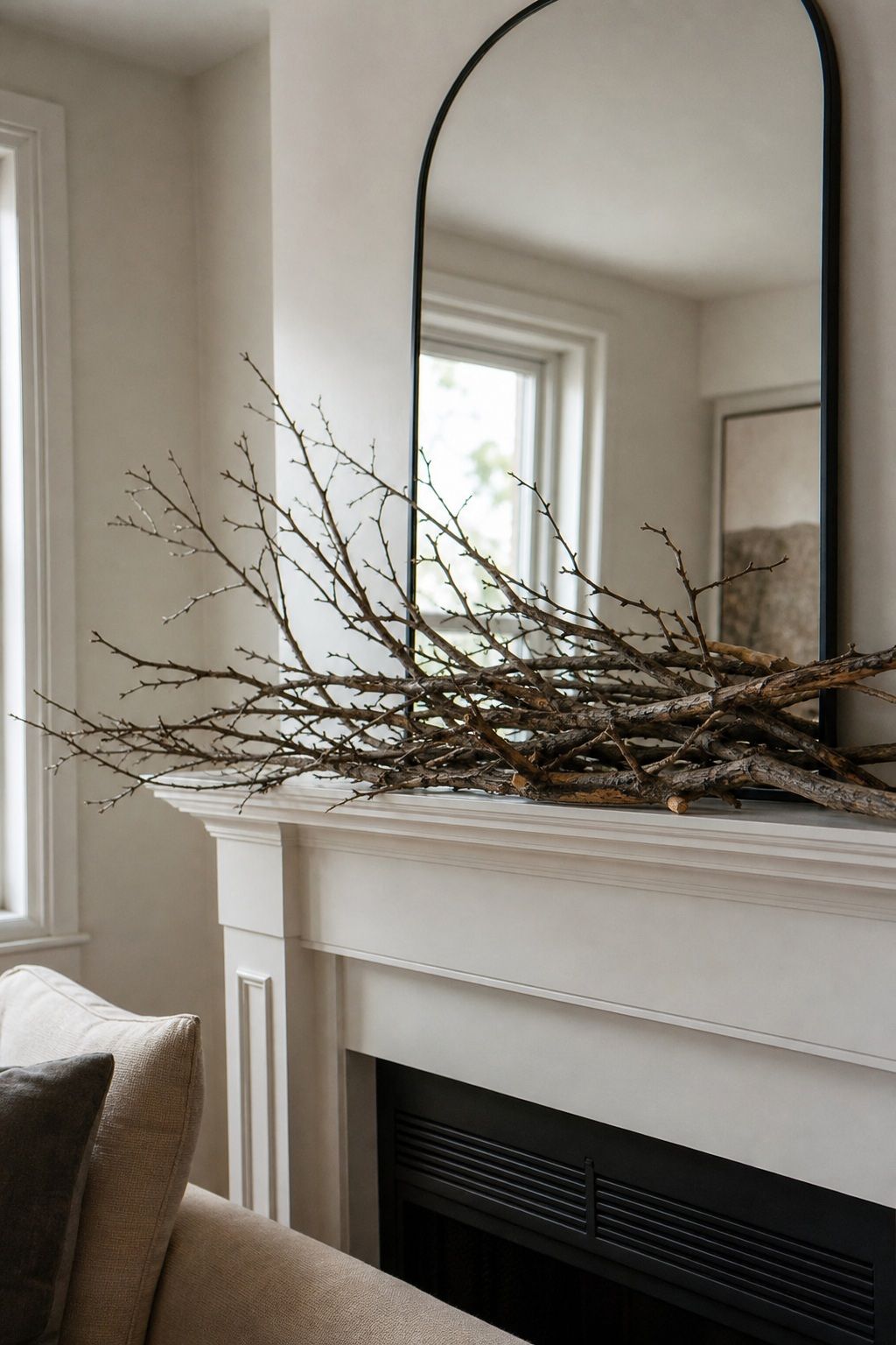 Start With a Foraged Branch Base small apartment idea for Top 16 Cozy Mantle Halloween Decor Ideas for Small Spaces.
