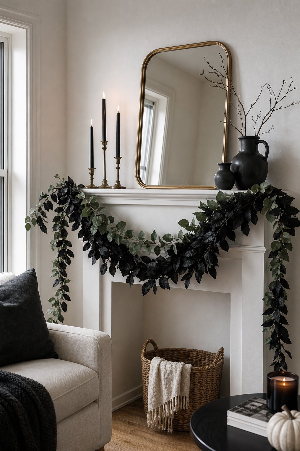 Drape a Black or Eucalyptus Garland small apartment idea for Top 16 Cozy Mantle Halloween Decor Ideas for Small Spaces.
