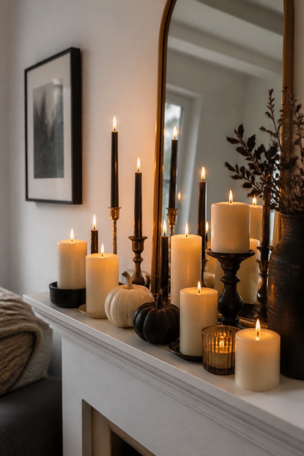 Build a Layered Candle Cluster small apartment idea for Top 16 Cozy Mantle Halloween Decor Ideas for Small Spaces.
