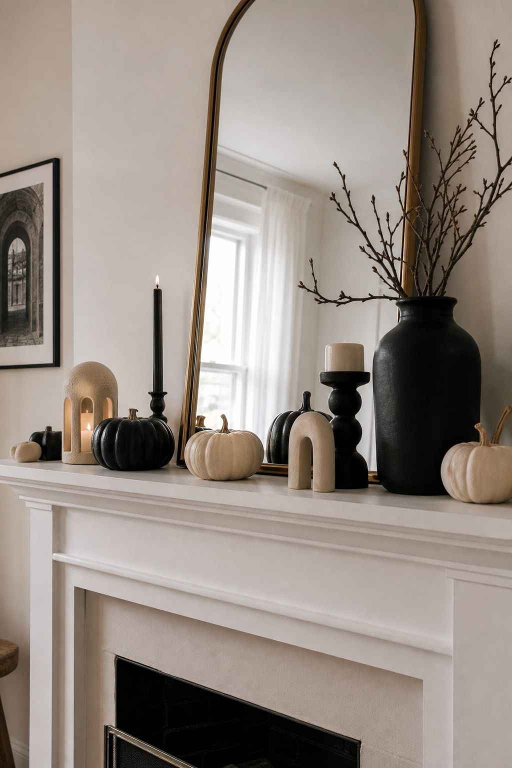 Add Cream and Black Accent Objects small apartment idea for Top 16 Cozy Mantle Halloween Decor Ideas for Small Spaces.