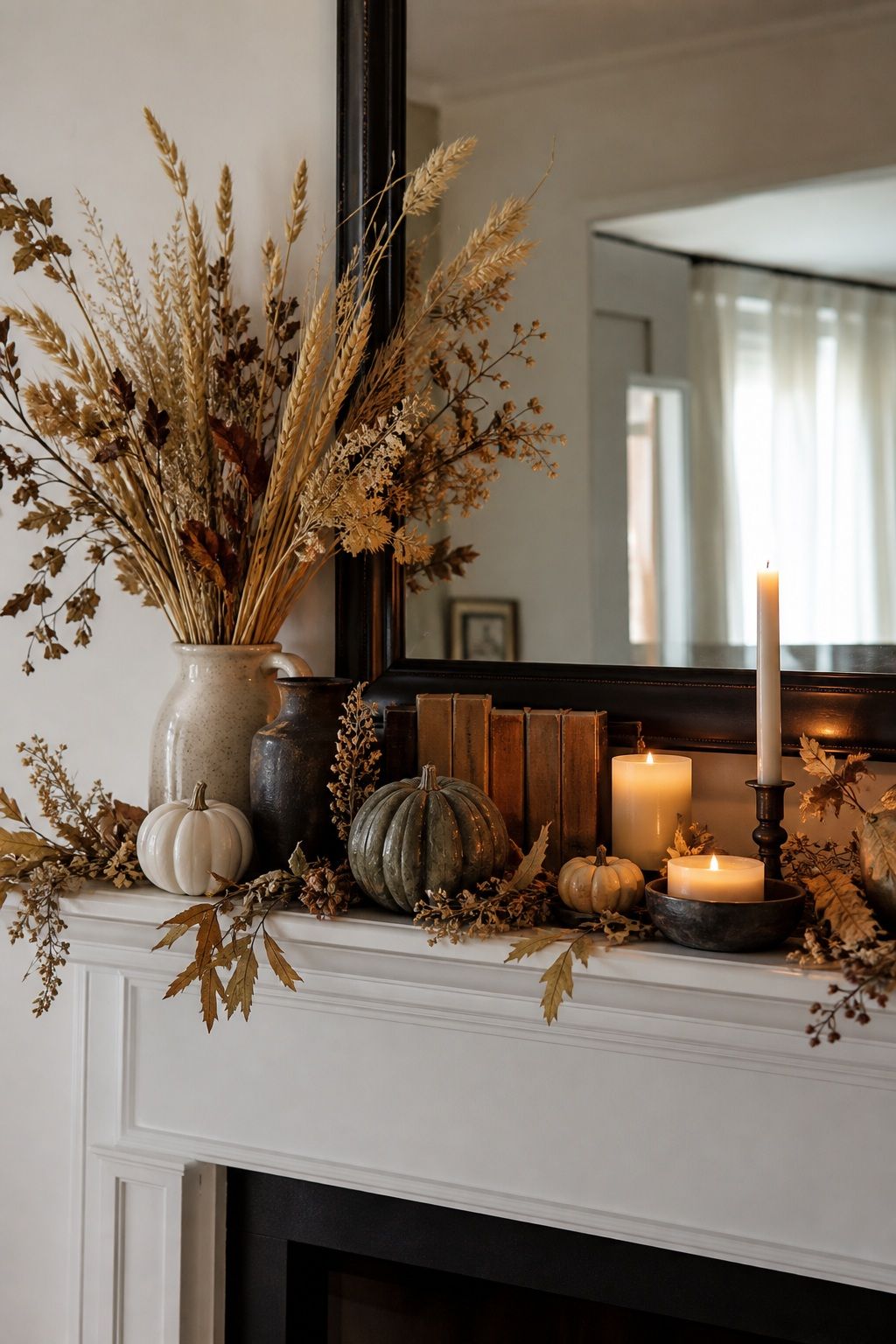 Tuck in Dried Florals and Wheat small apartment idea for Top 16 Cozy Mantle Halloween Decor Ideas for Small Spaces.