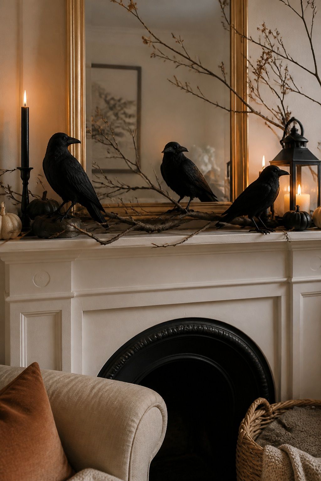 Perch a Few Faux Crows small apartment idea for Top 16 Cozy Mantle Halloween Decor Ideas for Small Spaces.