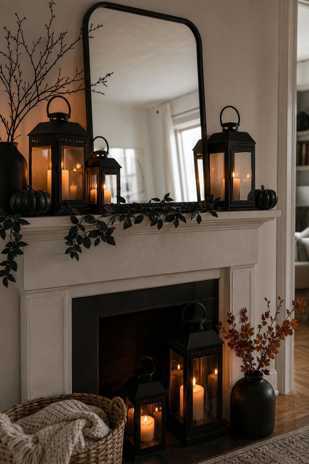 Add Black Lanterns With Flickering Candles small apartment idea for Top 16 Cozy Mantle Halloween Decor Ideas for Small Spaces.