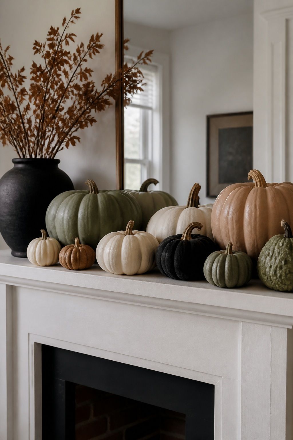 Style a Cluster of Pumpkins in Muted Tones small apartment idea for Top 16 Cozy Mantle Halloween Decor Ideas for Small Spaces.
