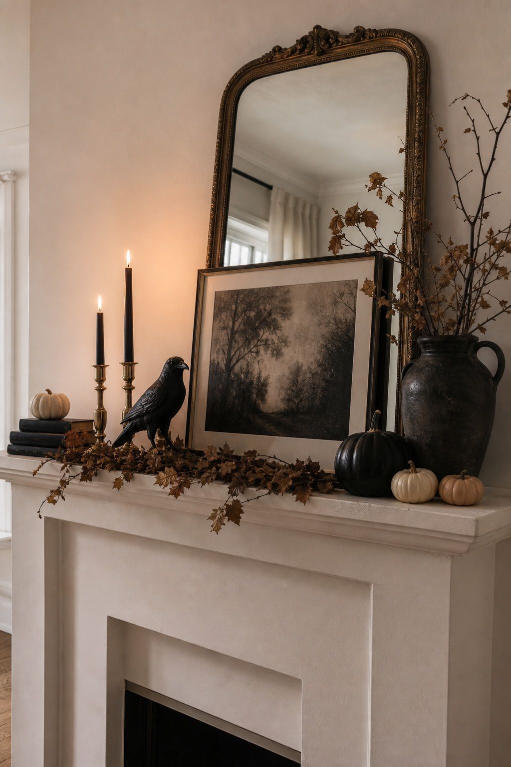 Add a Vintage Mirror or Framed Art small apartment idea for Top 16 Cozy Mantle Halloween Decor Ideas for Small Spaces.