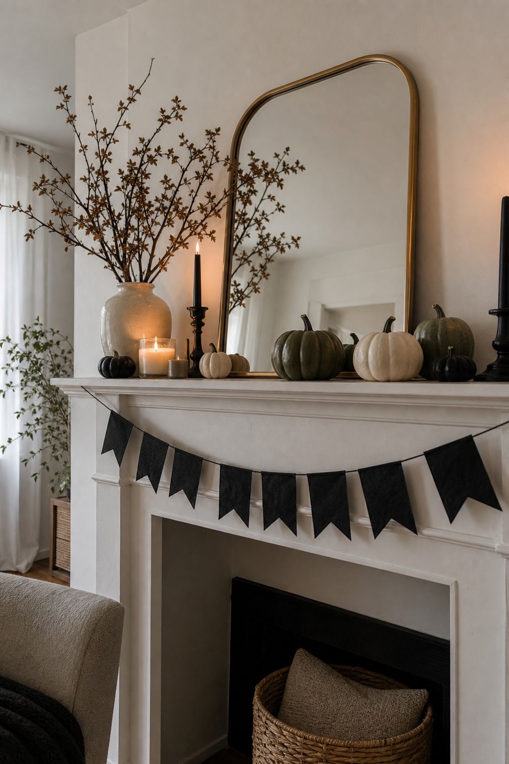 Hang a Subtle Banner or Bunting small apartment idea for Top 16 Cozy Mantle Halloween Decor Ideas for Small Spaces.