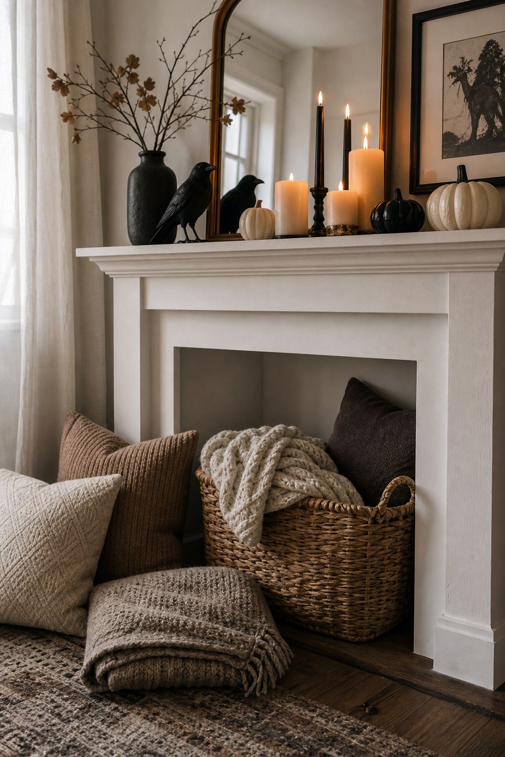 Layer in Warm Textiles Below the Mantel small apartment idea for Top 16 Cozy Mantle Halloween Decor Ideas for Small Spaces.