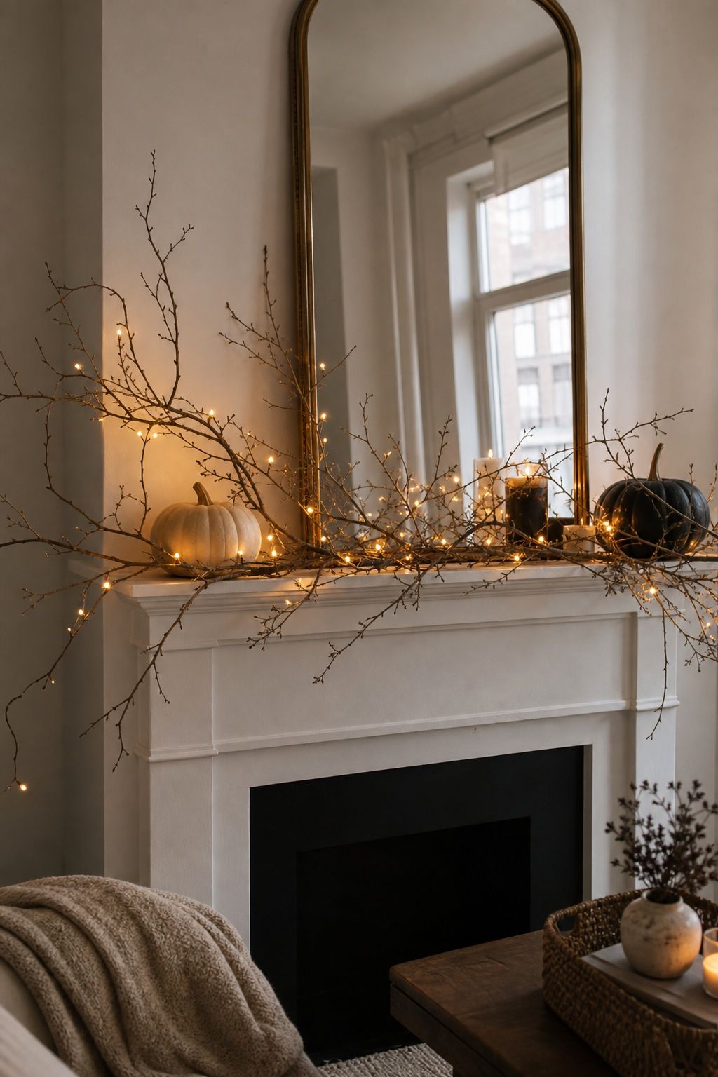 Weave Fairy Lights Through the Branches small apartment idea for Top 16 Cozy Mantle Halloween Decor Ideas for Small Spaces.
