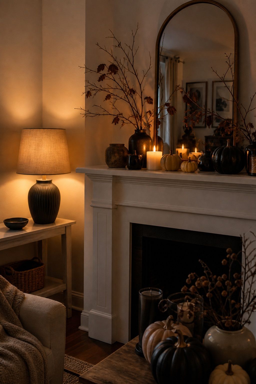 Add a Warm-Toned Lamp Nearby small apartment idea for Top 16 Cozy Mantle Halloween Decor Ideas for Small Spaces.
