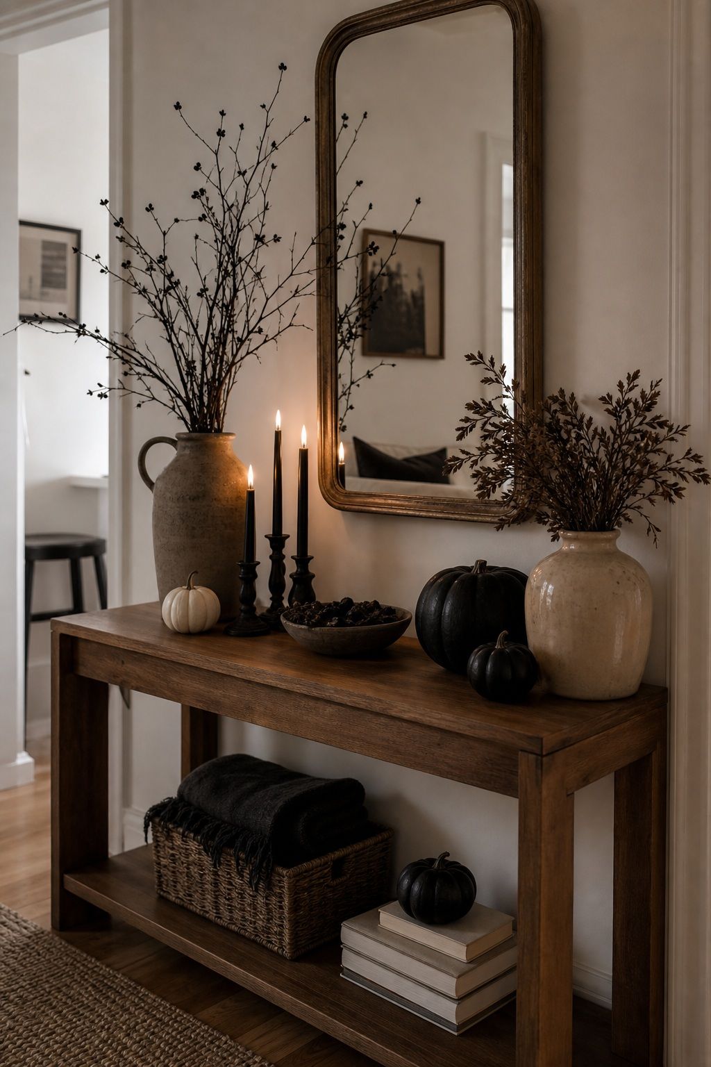 Style a Console Instead if There Is No Fireplace small apartment idea for Top 16 Cozy Mantle Halloween Decor Ideas for Small Spaces.