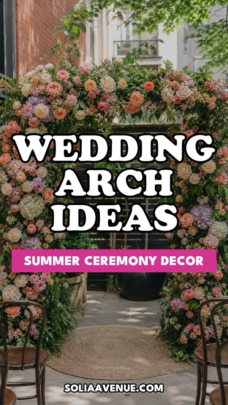 Pinterest pin for Top 17 Summer Wedding Arch Decor Ideas That Frame Your Ceremony Perfectly from Solia Avenue.