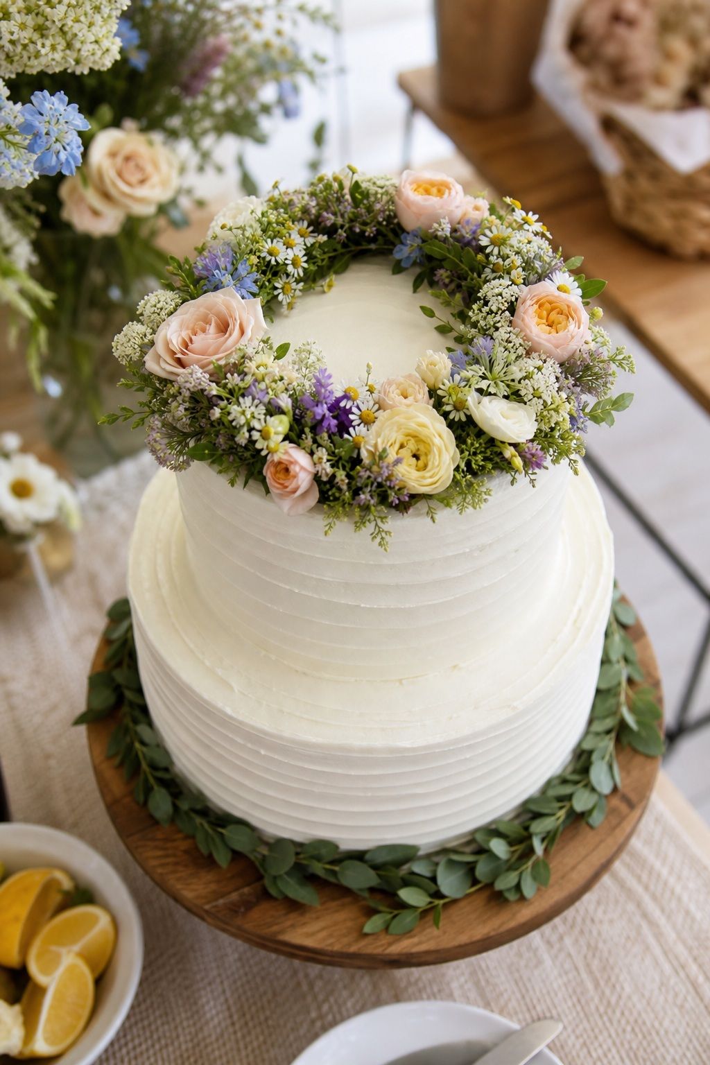 Top With a Floral Wreath Crown small apartment idea for Top 18 Summer Wedding Cake Ideas That Hold Up in the Heat and Look Stunning.