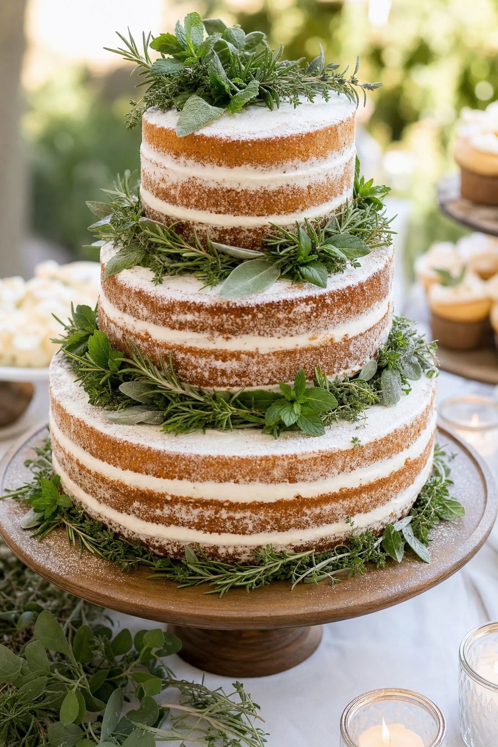 Add Herbs to a Naked Cake Display small apartment idea for Top 18 Summer Wedding Cake Ideas That Hold Up in the Heat and Look Stunning.
