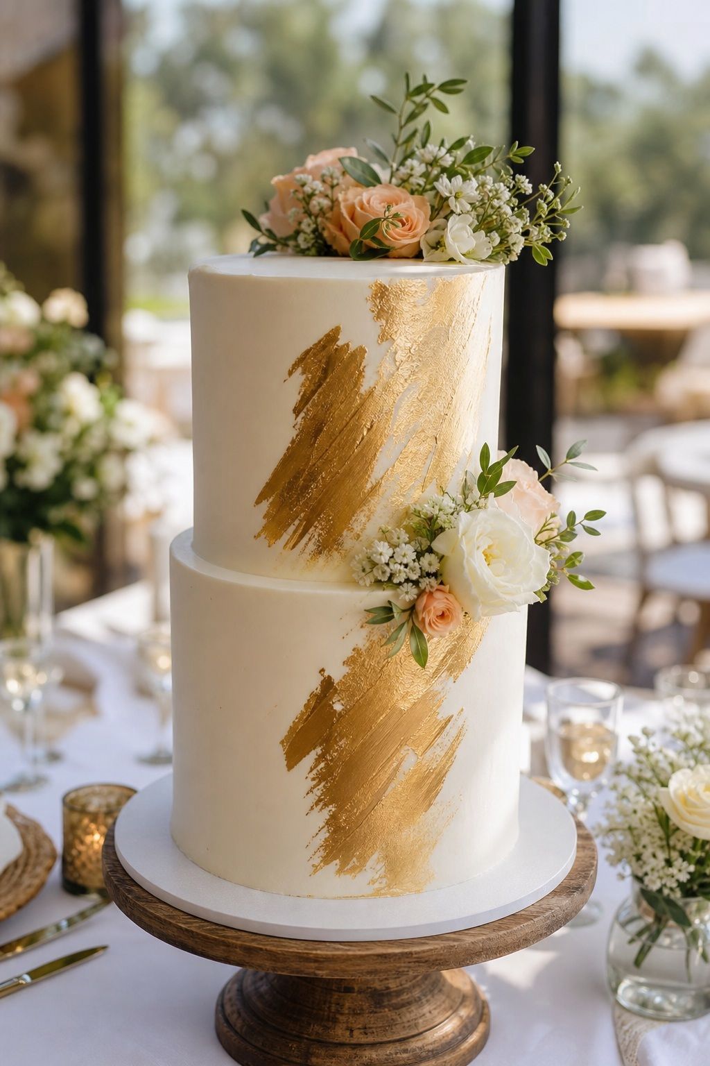 Try a Brushstroke Gold Accent Cake small apartment idea for Top 18 Summer Wedding Cake Ideas That Hold Up in the Heat and Look Stunning.