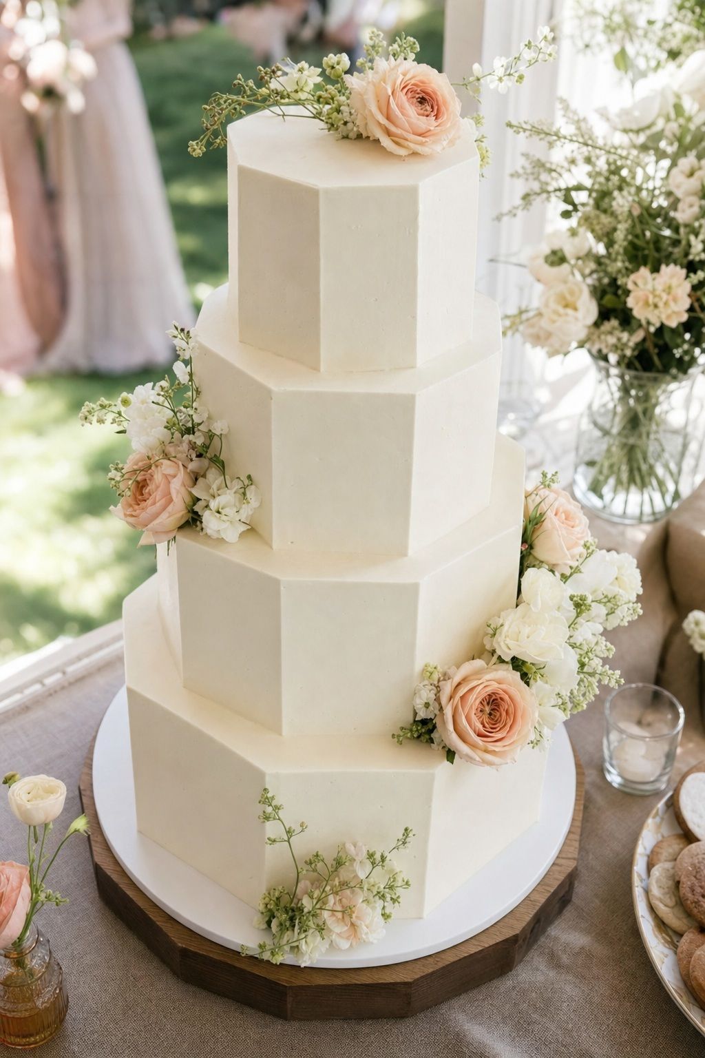 Try a Hexagon Tiered Cake small apartment idea for Top 18 Summer Wedding Cake Ideas That Hold Up in the Heat and Look Stunning.