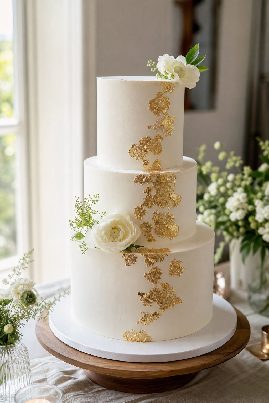 Add Gold Leaf Accents to a Modern Cake small apartment idea for Top 18 Summer Wedding Cake Ideas That Hold Up in the Heat and Look Stunning.