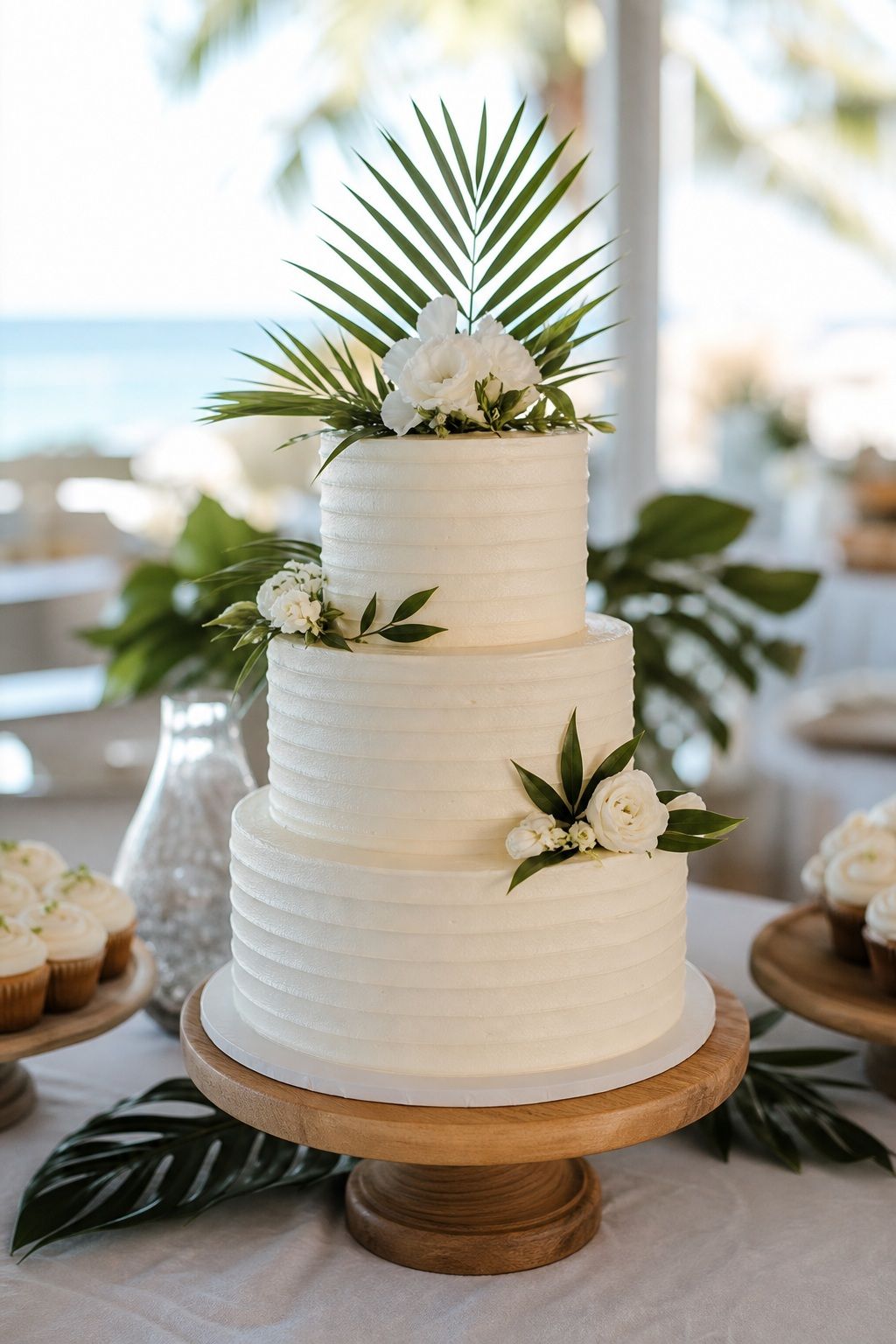 Add Palm Leaf Topper Accents small apartment idea for Top 18 Summer Wedding Cake Ideas That Hold Up in the Heat and Look Stunning.