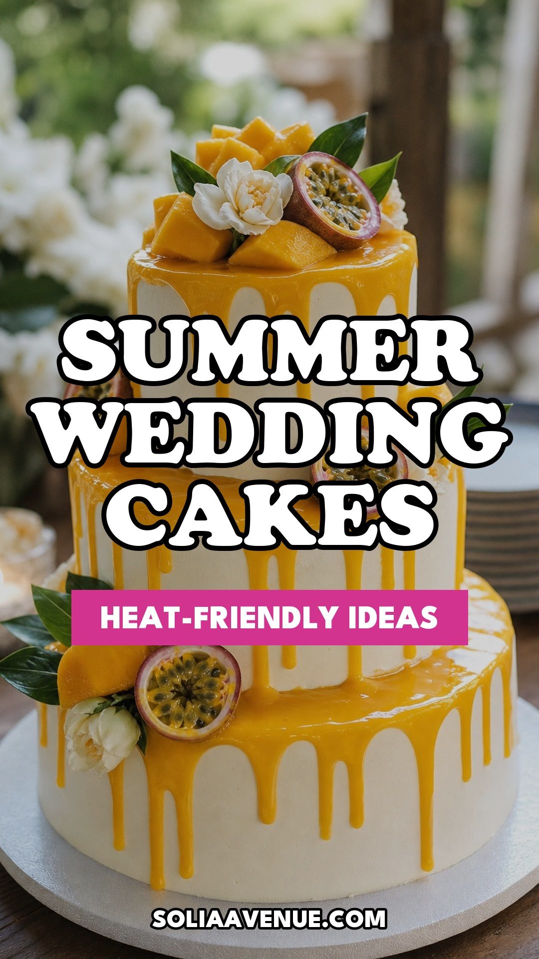 Pinterest pin for Top 18 Summer Wedding Cake Ideas That Hold Up in the Heat and Look Stunning from Solia Avenue.