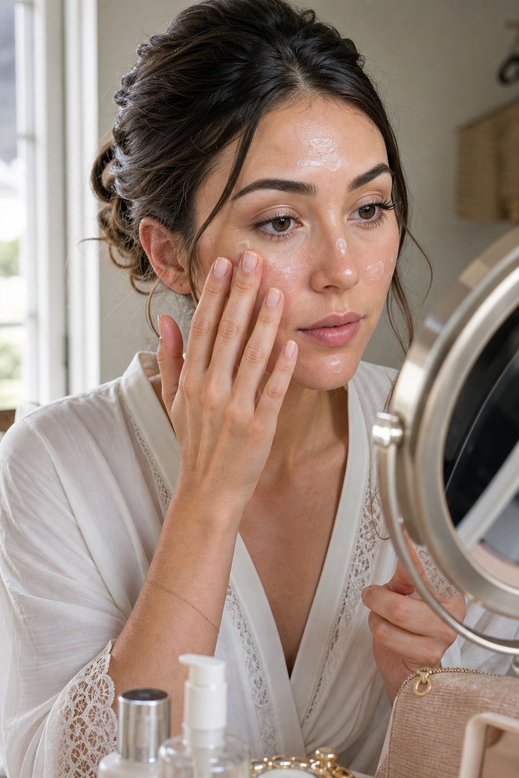 Bride applying apply pore-filling primer first for fresh long-lasting summer wedding makeup.