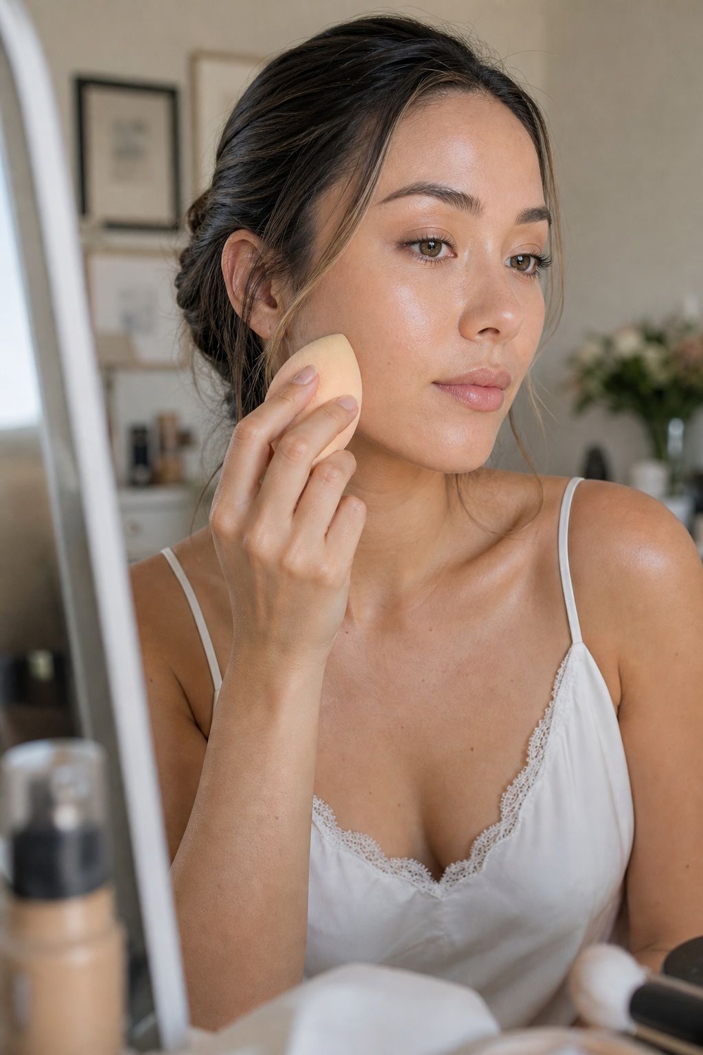 Bride applying build a lightweight foundation base for fresh long-lasting summer wedding makeup.