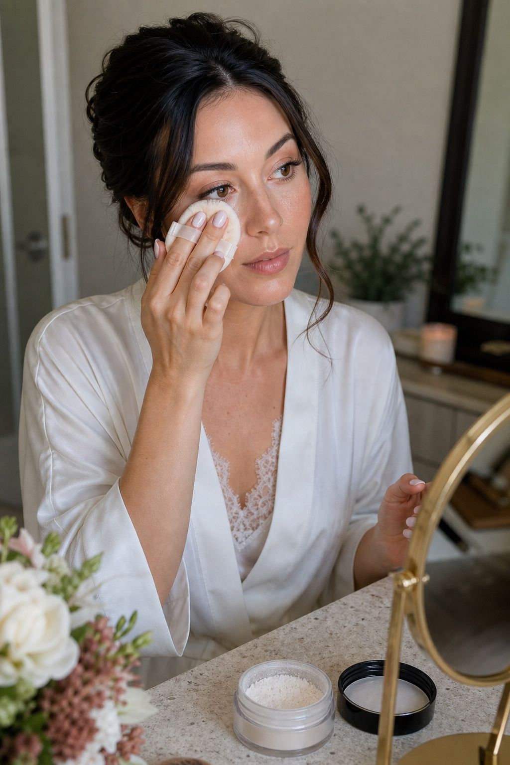 Bride applying set with translucent powder for fresh long-lasting summer wedding makeup.