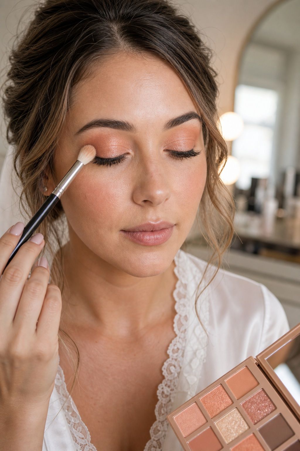 Bride applying try a peach shimmer wash for fresh long-lasting summer wedding makeup.